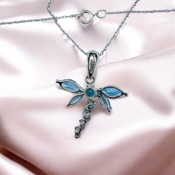 10K Gold- Blue Topaz Necklace -18"- 1cttw- Dragonfly Necklace -White Gold -1.5g - Picture 11 of 16